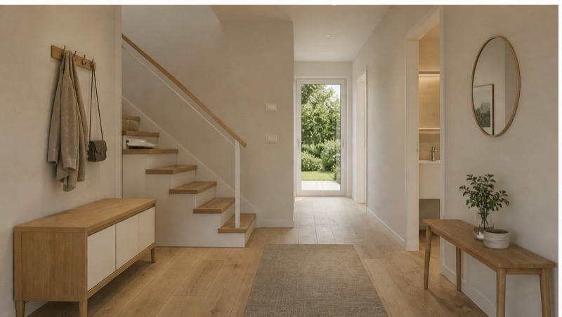 Visualisierung der Diele mit Treppe, Garderobe und Blick zum Gäste-WC