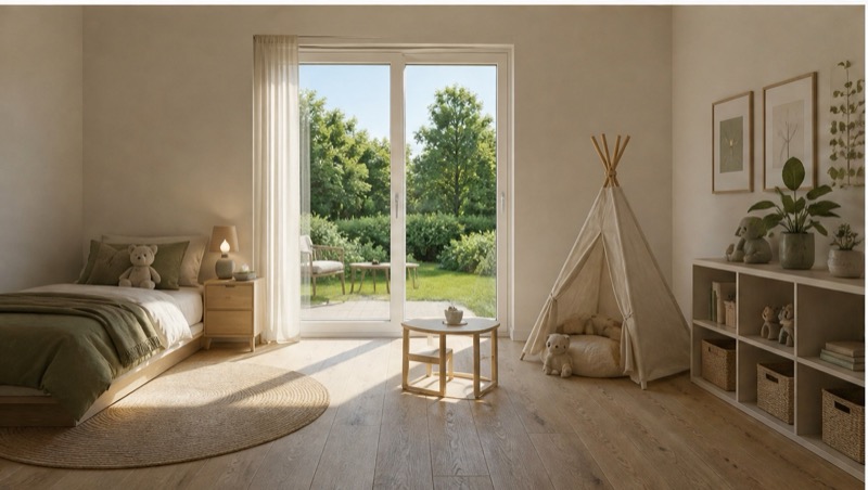 Visualisierung eines Kinderzimmers mit Spielzelt und Blick in den Garten