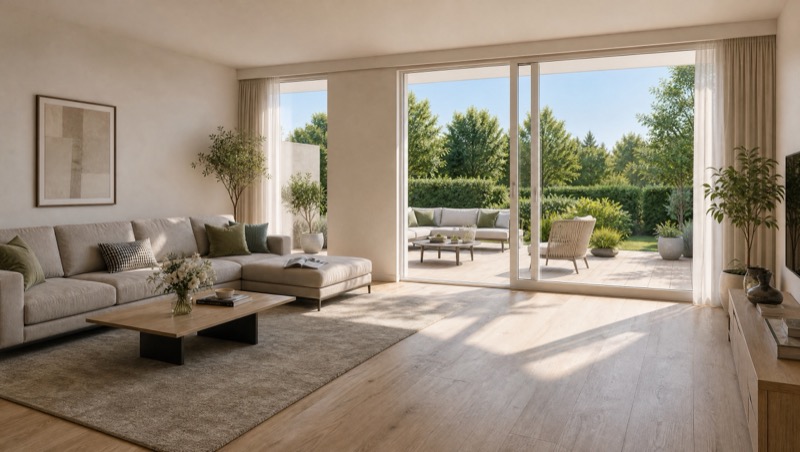 Visualisierung des Wohnbereichs mit Schiebetür zur Terrasse und Blick in den Garten