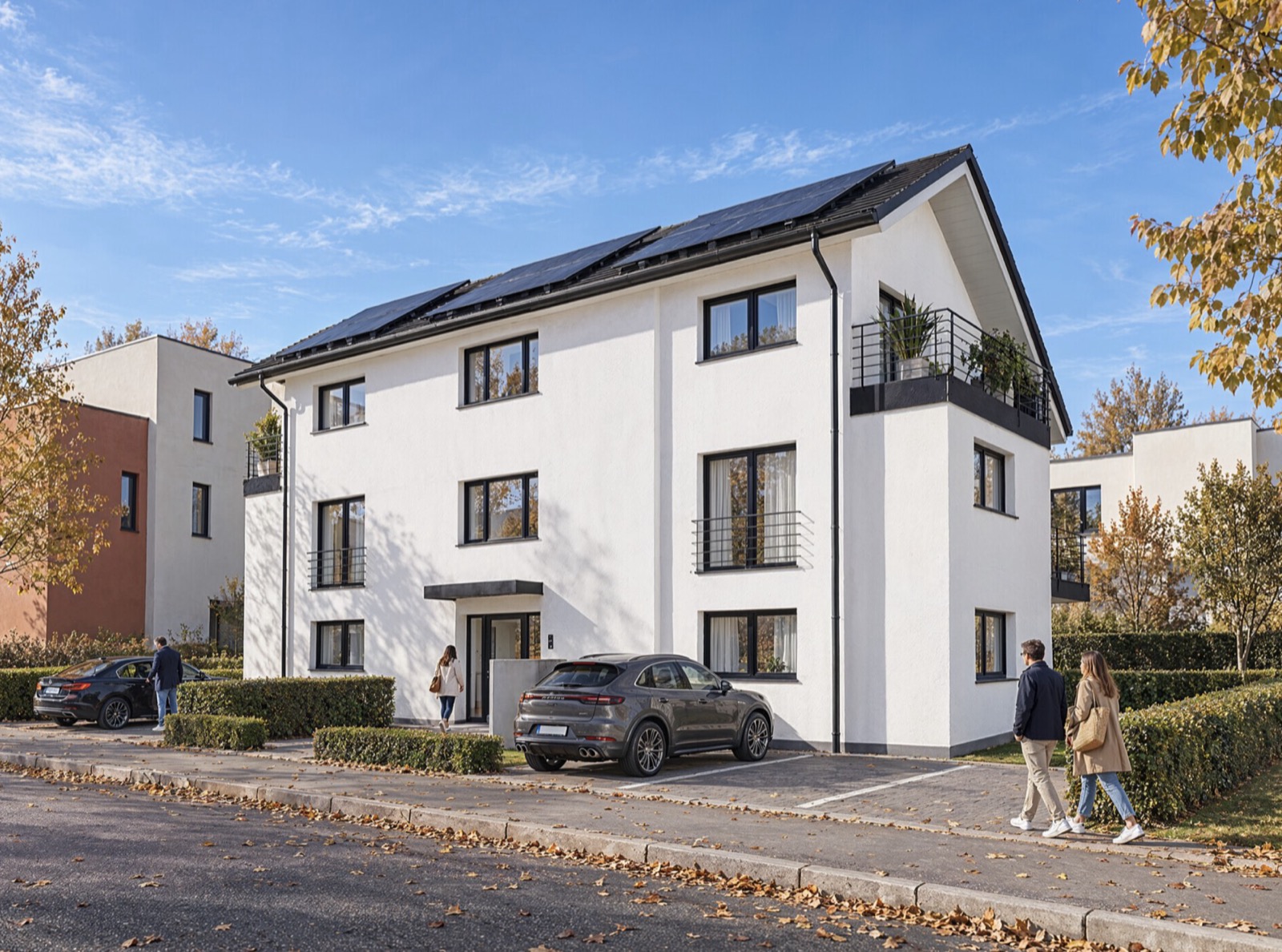 Straßenansicht des Mehrfamilienhauses in der Seydlitzstraße: weißer Putz, dunkles Satteldach mit Photovoltaik, Balkone und Stellplätze davor