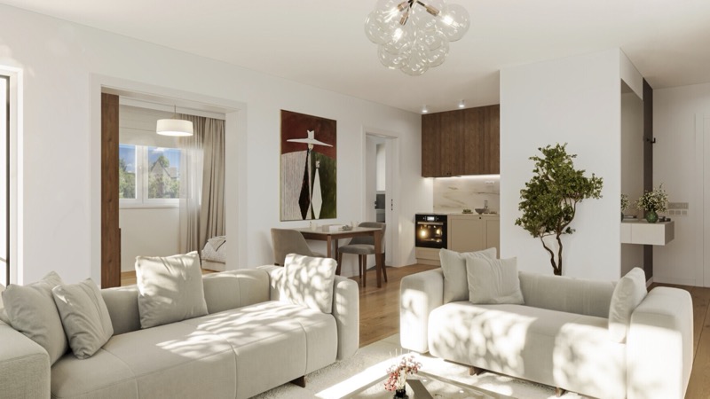 Wohnraum mit offener Küche, Essplatz und Blick ins Schlafzimmer